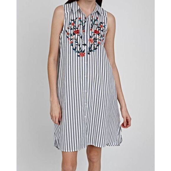 TERRE BLEUE WHITE & BLUE STRIPE FLORAL SHIRT DRESS SZ.S EUC. - Picture 1 of 7